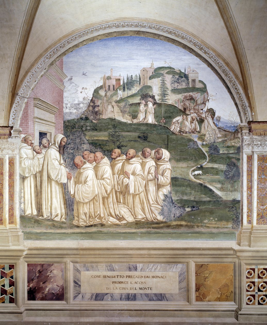 Benedykt zapoczątkował źródło na szczycie góry Fresk klasztoru wykonany przez Antonio Bazzi dit il Sodoma (1477 - 1549) opowiadający o życiu św. Benedykta z Nursie (480 - 567) założyciela Zakonu Benedyktynów 1503 - 1508 Opactwo Monte Oliveto autorstwa Giovanni Antonio Bazzi Sodoma