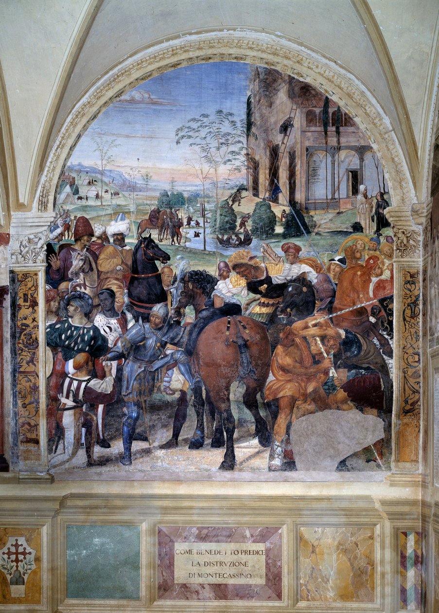 Jak Benedykt przepowiada zniszczenie Monte Cassino (św. Benedykt przepowiada zniszczenie Monte Cassino) Detal - fresk krużganka autorstwa Antonio Bazzi dit il Sodoma (1477 - 1549) opowiadający o życiu św. Benedykta z Nursie (480 - 567) fou autorstwa Giovanni Antonio Bazzi Sodoma