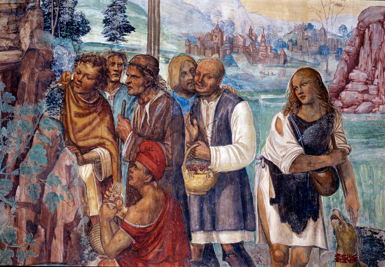 Jak Benedykt naucza świętej nauki chłopów, którzy go odwiedzają Szczegółowy fresk klasztorny zrealizowany przez Antonio Bazzi dit il Sodoma (1477 - 1549) opowiadający o życiu św. Benedykta z Nursji (480 - 567) założyciela Zakonu Benedyktynów 1503 - autorstwa Giovanni Antonio Bazzi Sodoma