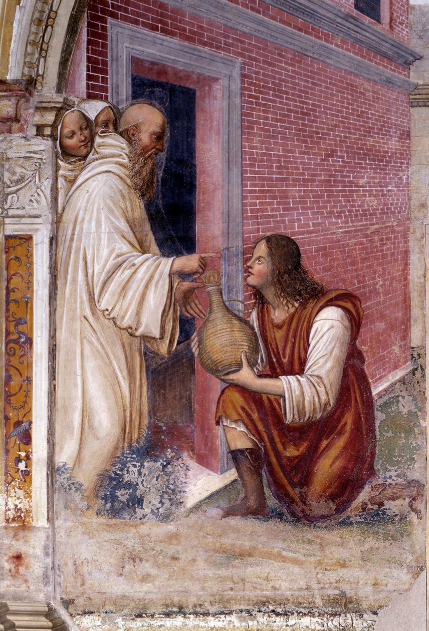 Jak Benedykt zamienia się w węża butelkę wina schował przed nim służący Detal - fresk garderoby wykonany przez Antonio Bazzi dit il Sodoma (1477 - 1549) opowiadający o życiu św. Benedykta z Nursji (480 - 567) założyciela Zakonu benedyktynów 1503 - 1 autorstwa Giovanni Antonio Bazzi Sodoma