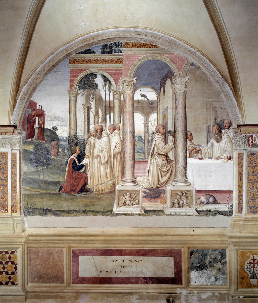 Jak Florent próbuje otruć Benoita (Jak Fiorenzo próbuje otruć św Benedykta) - Fresk na ścianie wykonany przez Antonio Bazzi dit il Sodoma (1477 - 1549) opowiadający o życiu św. Benedykta (480 - 567) założyciela zakonu benedyktynów 1503 - 1508 Opactwo Monte autorstwa Giovanni Antonio Bazzi Sodoma