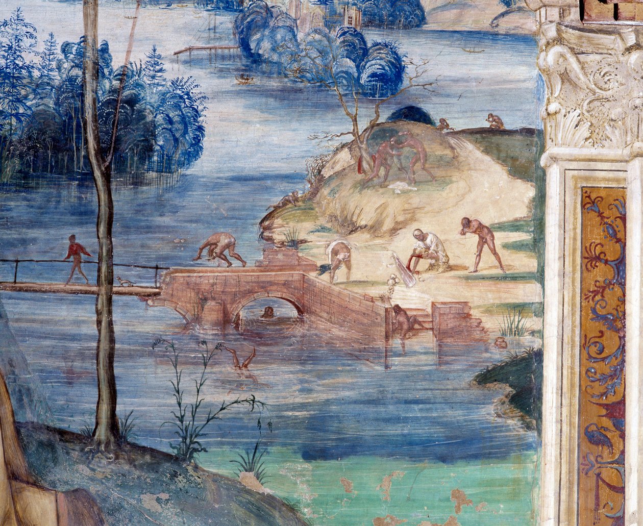 Jak św. Maur chodzi po wodzie, by ratować Placida (Maurus idzie po wodzie, by ratować Placida) - Szczegółowy fresk krużganka wykonany przez Antonio Bazzi dit il Sodoma (1477-1549) opowiadający o życiu św. Benedykta z Nursie (480 - 567 ) założyciel Zakonu autorstwa Giovanni Antonio Bazzi Sodoma
