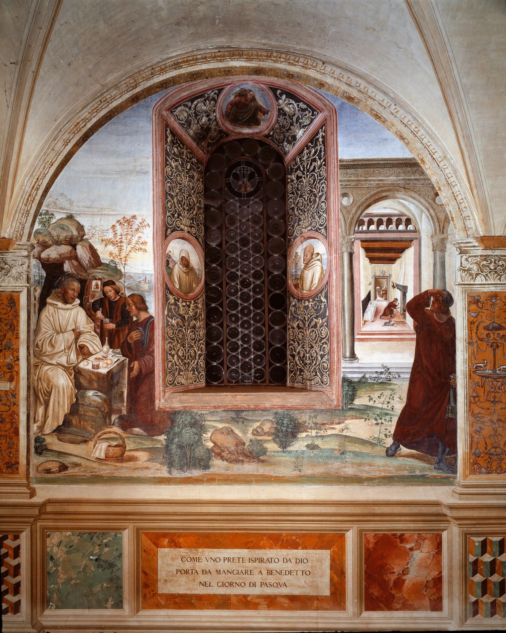 Jak ksiądz przyniósł jedzenie do Benedykta w Wielkanoc - Fresk klasztoru wykonany przez Antonio Bazzi dit il Sodoma (1477 - 1549) opowiadający o życiu św. Benedykta z Nursji (480 - 567) założyciela Zakonu Benedyktynów 1503 - 1508 Opactwo Monte Oliveto Ma autorstwa Giovanni Antonio Bazzi Sodoma