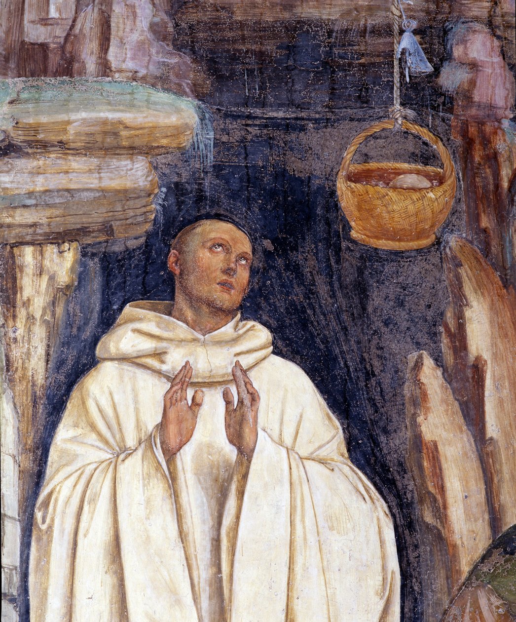 Jak demon złamał dzwon kosza Benoita (Diabeł złamał dzwon kosza św Benedykta z Nursji) - Fragment - Fresk ścienny wykonany przez Antonio Bazzi dit il Sodoma (1477-1549) opowiadający o życiu św. Benedykta z Nursji (480 - 567) założyciel O autorstwa Giovanni Antonio Bazzi Sodoma