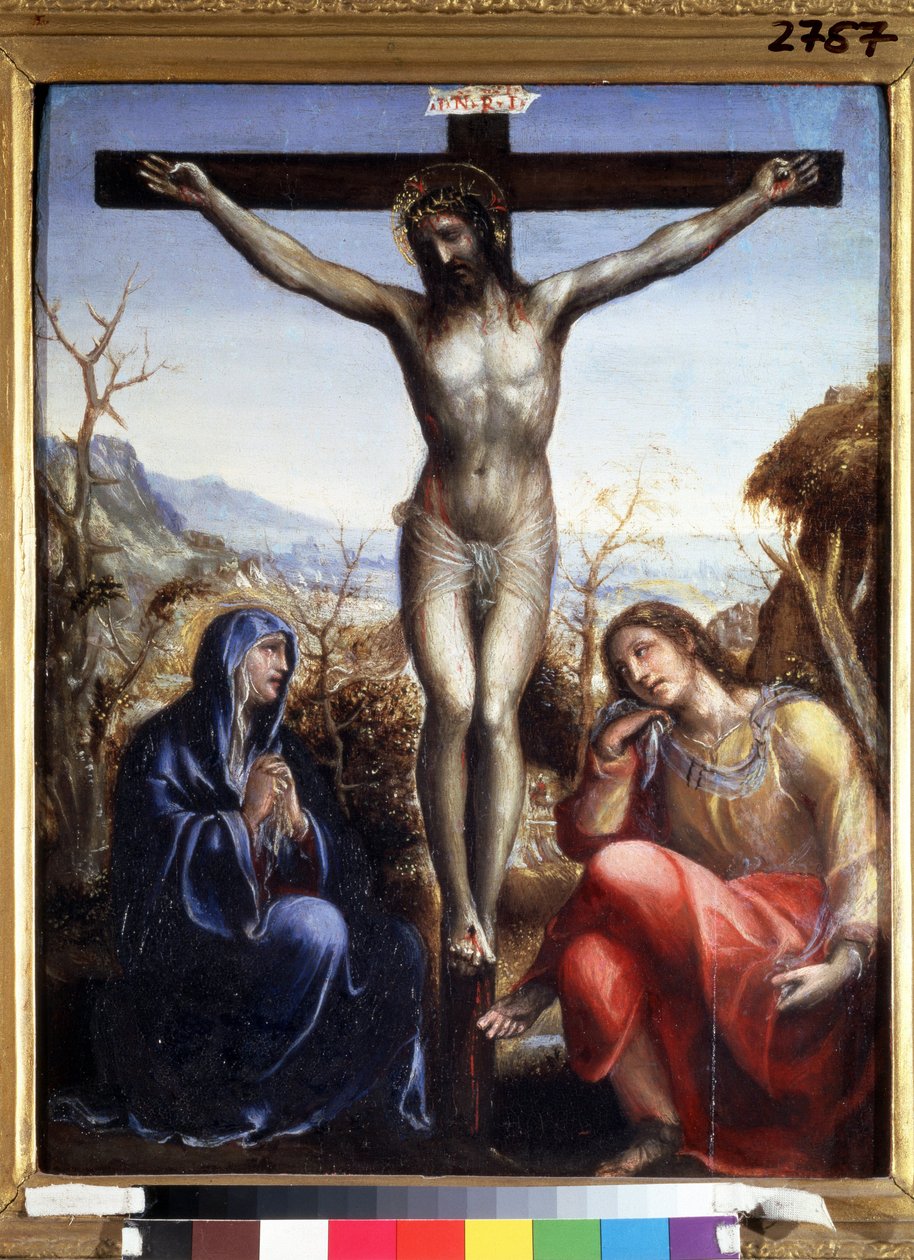 La crucifixion avec la Vierge et Jean Baptiste (Ukrzyżowanie z Dziewicą i Janem Chrzcicielem). Na krzyżu napis „I.N.R.I.” (INRI). Obraz Sodomy (lub Giovanniego Antonio Bazzi autorstwa Giovanni Antonio Bazzi Sodoma