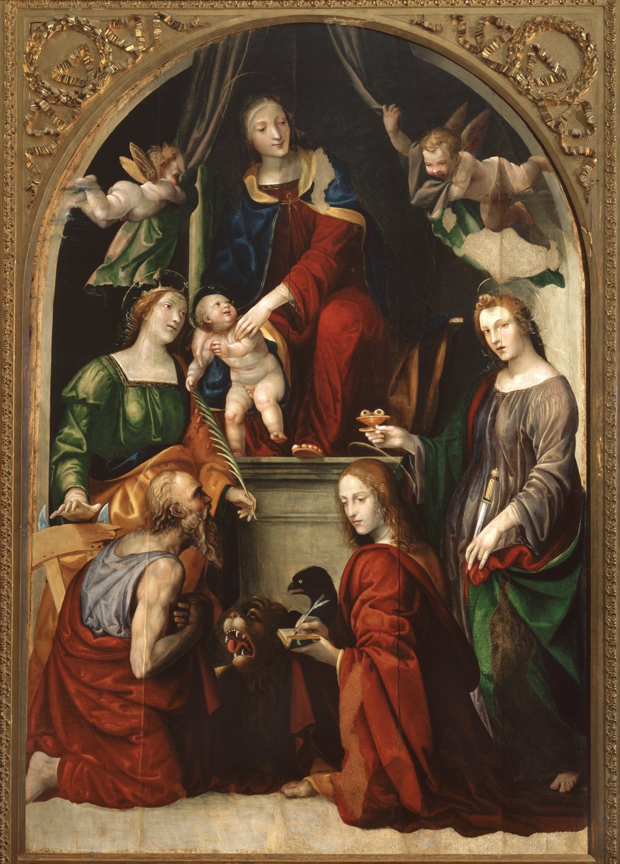 Madonna z Dzieciątkiem i Aniołami wśród świętych Hieronima, Katarzyny Aleksandryjskiej, Łucji i Jana Ewangelisty, c.1513 autorstwa Giovanni Antonio Bazzi Sodoma