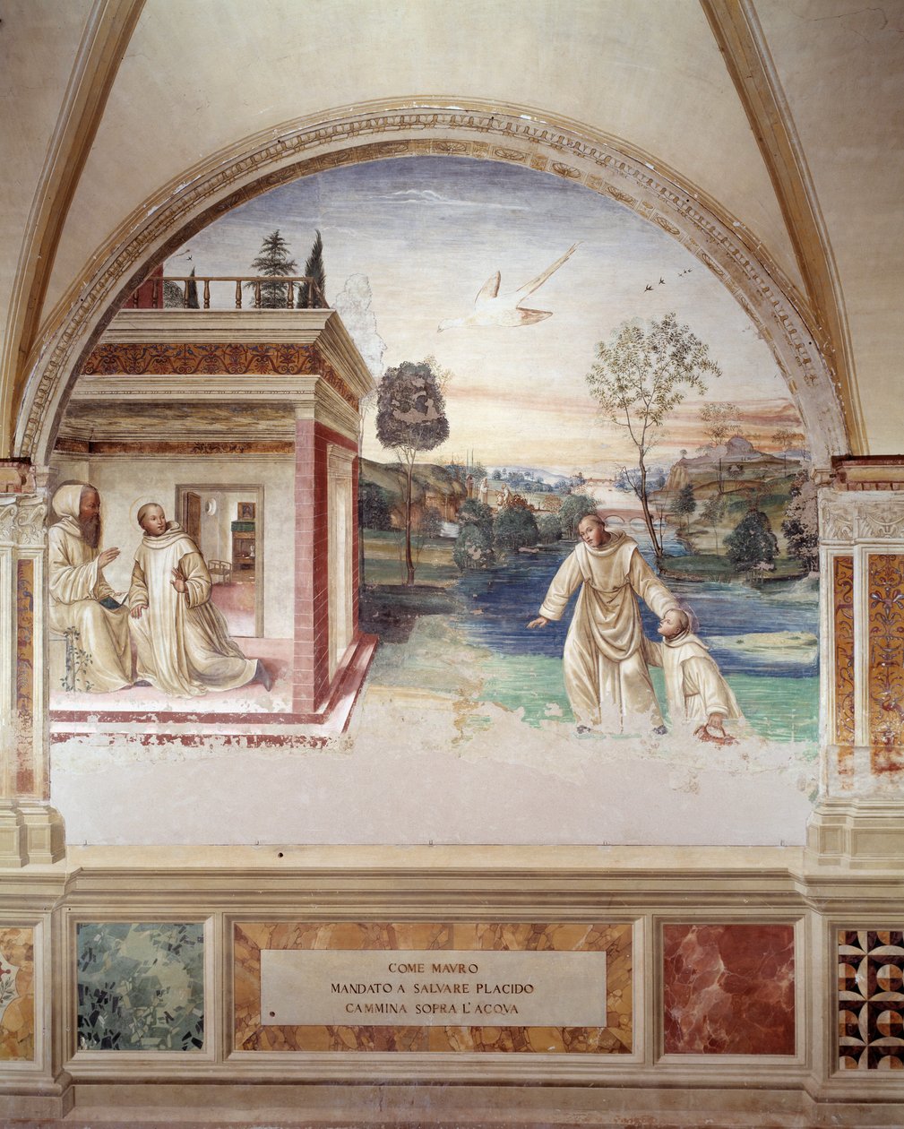 Maur idzie po wodzie ratować św Placyda (św. Maur idzie po wodzie ratować św Placyd) fresk krużganka wykonany przez Antonio Bazzi dit il Sodoma (1477 - 1549) opowiadający o życiu św. Benedykta z Nursji (480 - 567) założyciela Zakon Benedyktynów autorstwa Giovanni Antonio Bazzi Sodoma