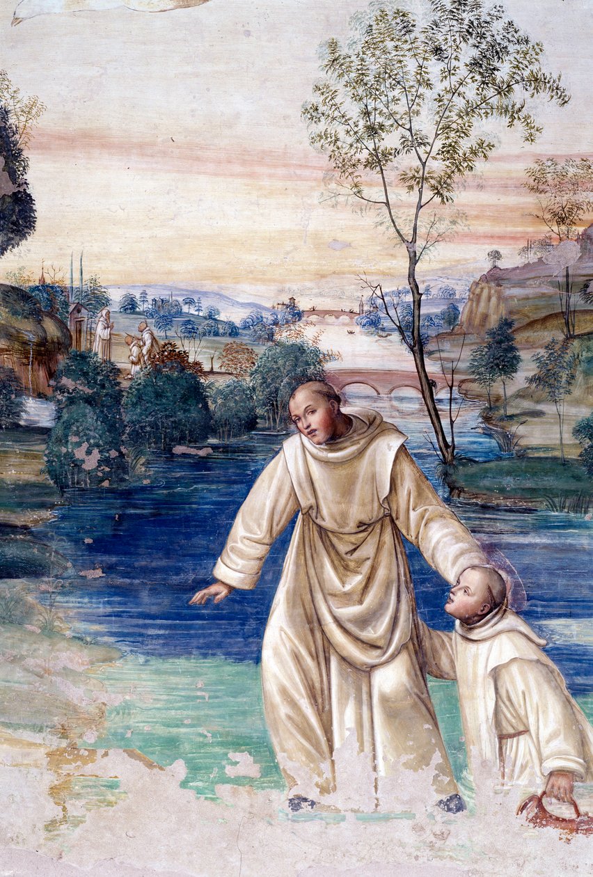 Maur idzie po wodzie, by uratować św. Łagodny Szczegół Fresk w krużgankach autorstwa Antonio Bazzi dit il Sodoma (1477 - 1549) opowiadający o życiu św. Benedykta z Nursji (480 - 567) założyciela zakonu benedyktynów 1503 - 1508 Opactwo Monte Oliveto Maggior autorstwa Giovanni Antonio Bazzi Sodoma