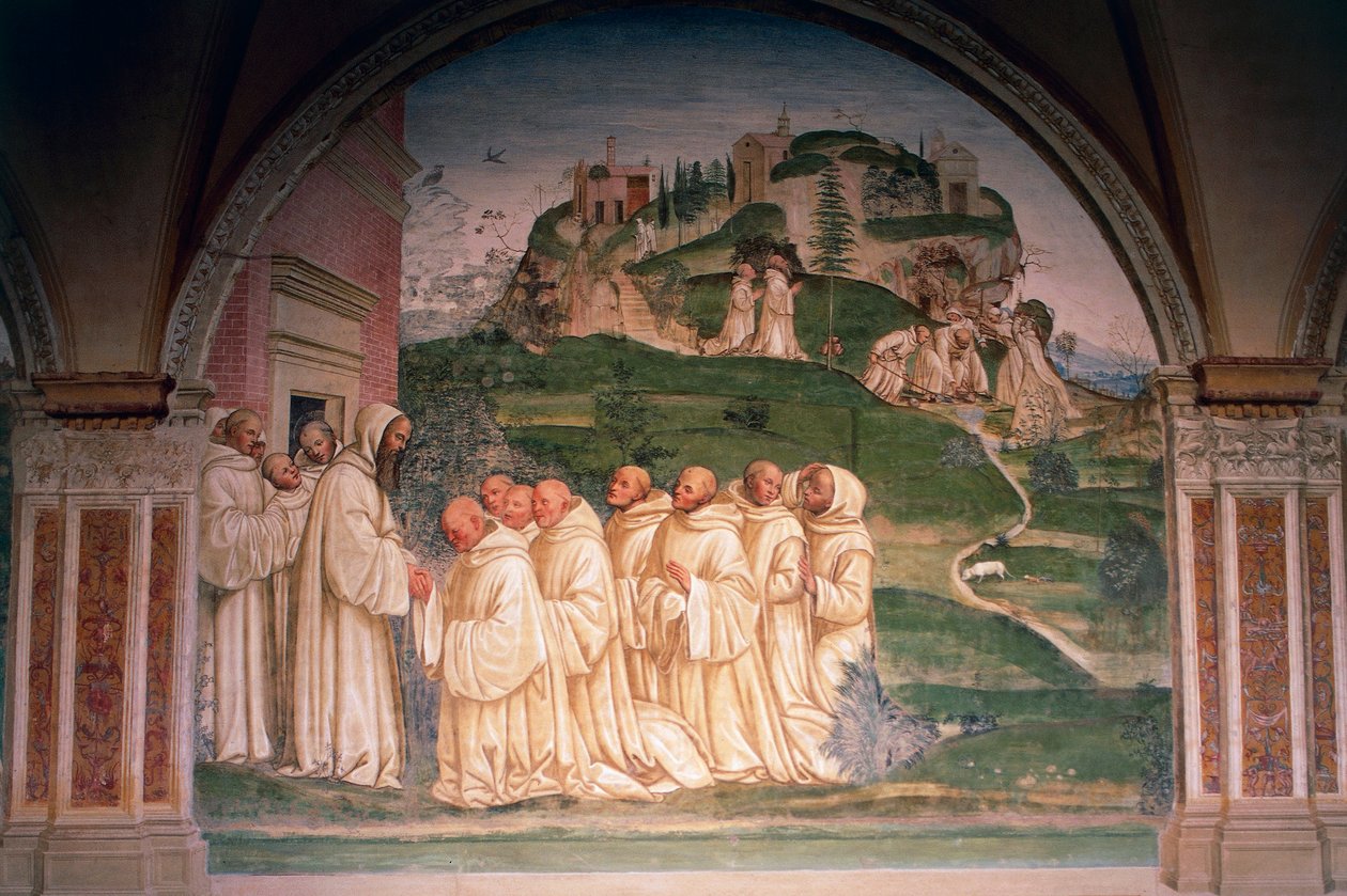 Św. Benedykt błagany przez mnichów, produkujących wodę ze szczytu góry, scena z Opowieści św. Benedykta z Monte Oliveto Maggiore autorstwa Giovanni Antonio Bazzi Sodoma