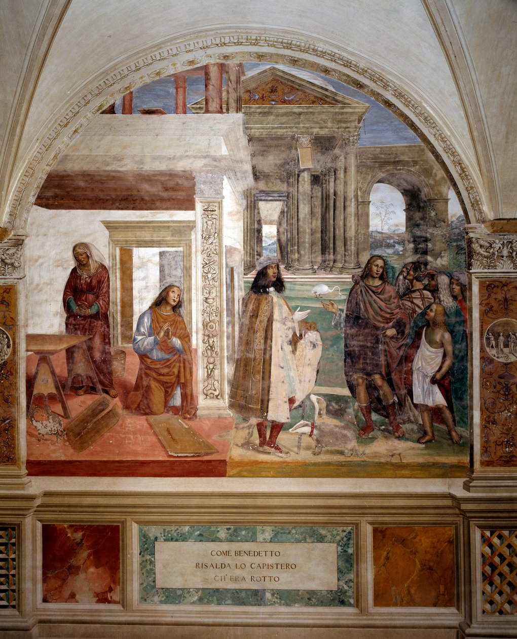 Św. Benedykt naprawia zepsute sito W centrum obrazu autoportret artysty - fresk garderoby zrealizowany przez Antonio Bazzi dit il Sodoma (1477 - 1549) opowiadający o życiu założyciela św. Benedykta z Nursji (480 - 567) Zakonu autorstwa Giovanni Antonio Bazzi Sodoma