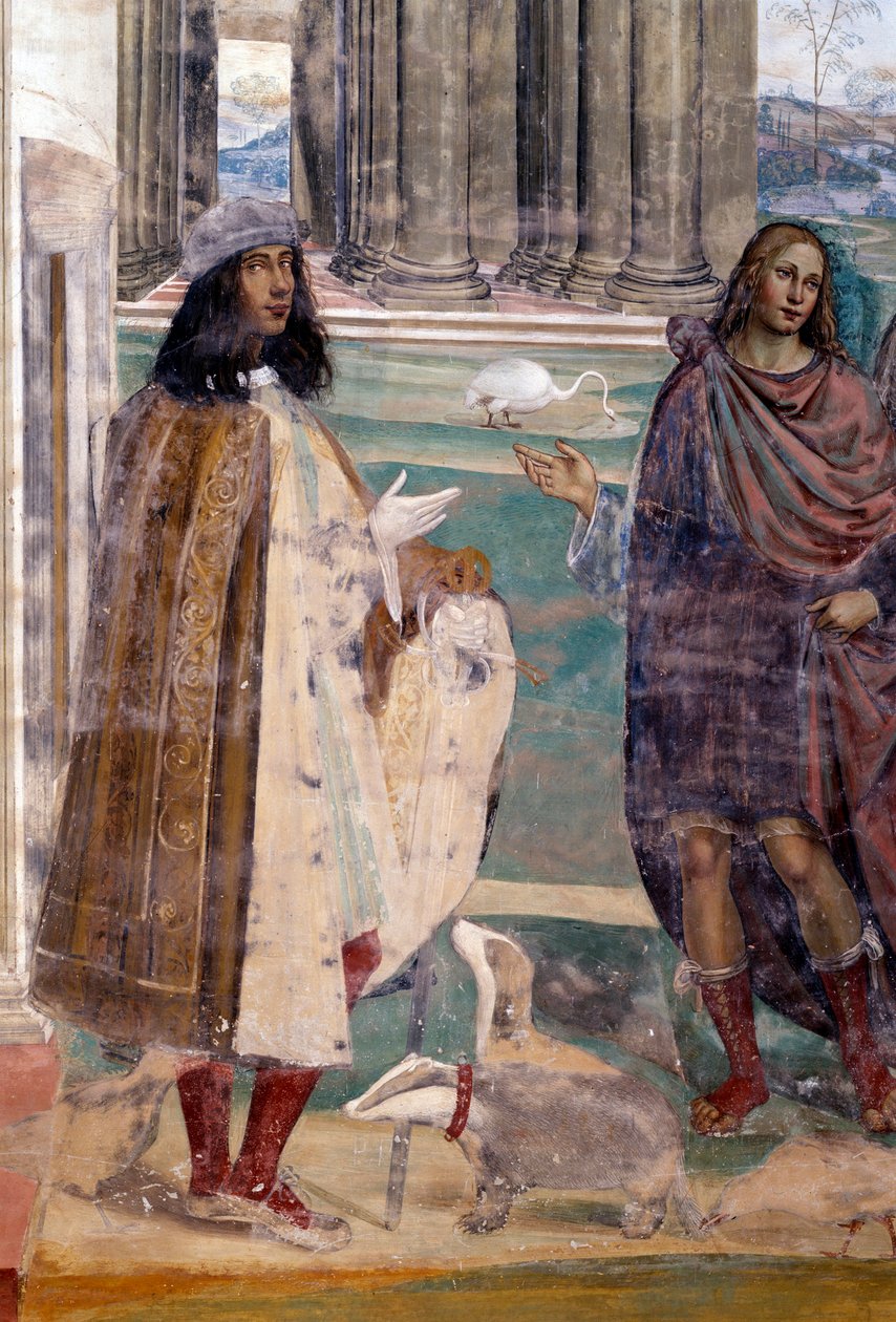 Św. Benedykt naprawia pęknięte sito Autoportret artysty - Detal Fresk garderoby zrealizowany przez Antonio Bazzi dit il Sodoma (1477 - 1549) opowiadający o życiu św. Benedykta z Nursji (480 - 567) założyciela Zakonu Benedyktynów 1503 - 1508 autorstwa Giovanni Antonio Bazzi Sodoma