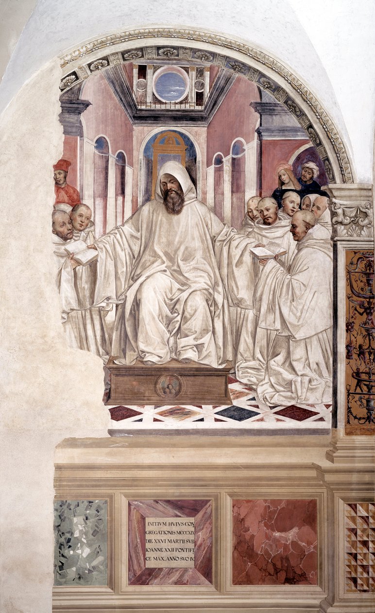 Św. Benedykt nadaje regułę mnichom (Benedykt nadaje reguły mnichom) fresk klasztorny wykonany przez Antonio Bazzi dit il Sodoma (1477 - 1549) opowiadający o życiu św. Benedykta z Nursji (480 - 567) założyciela Zakonu benedyktynów 1503 autorstwa Giovanni Antonio Bazzi Sodoma