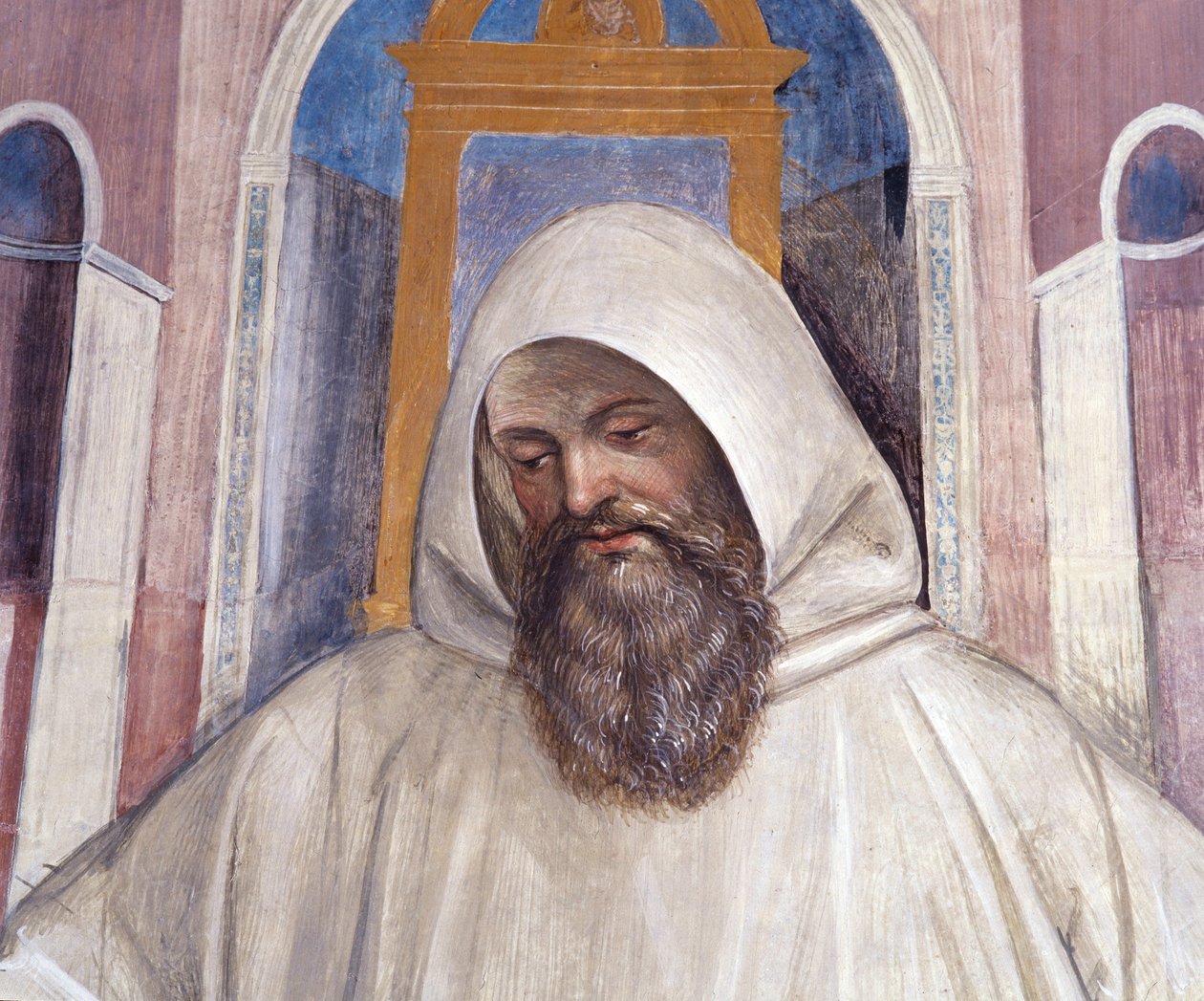 Św. Benedykt nadaje regułę mnichom z oliwek. Szczegółowy fresk garderoby wykonany przez Antonio Bazzi dit il Sodoma (1477 - 1549) opowiadający o życiu św. Benedykta z Nursie (480 - 567) założyciela Zakonu Benedyktynów 1503 - 1508 Opactwo Monte O autorstwa Giovanni Antonio Bazzi Sodoma