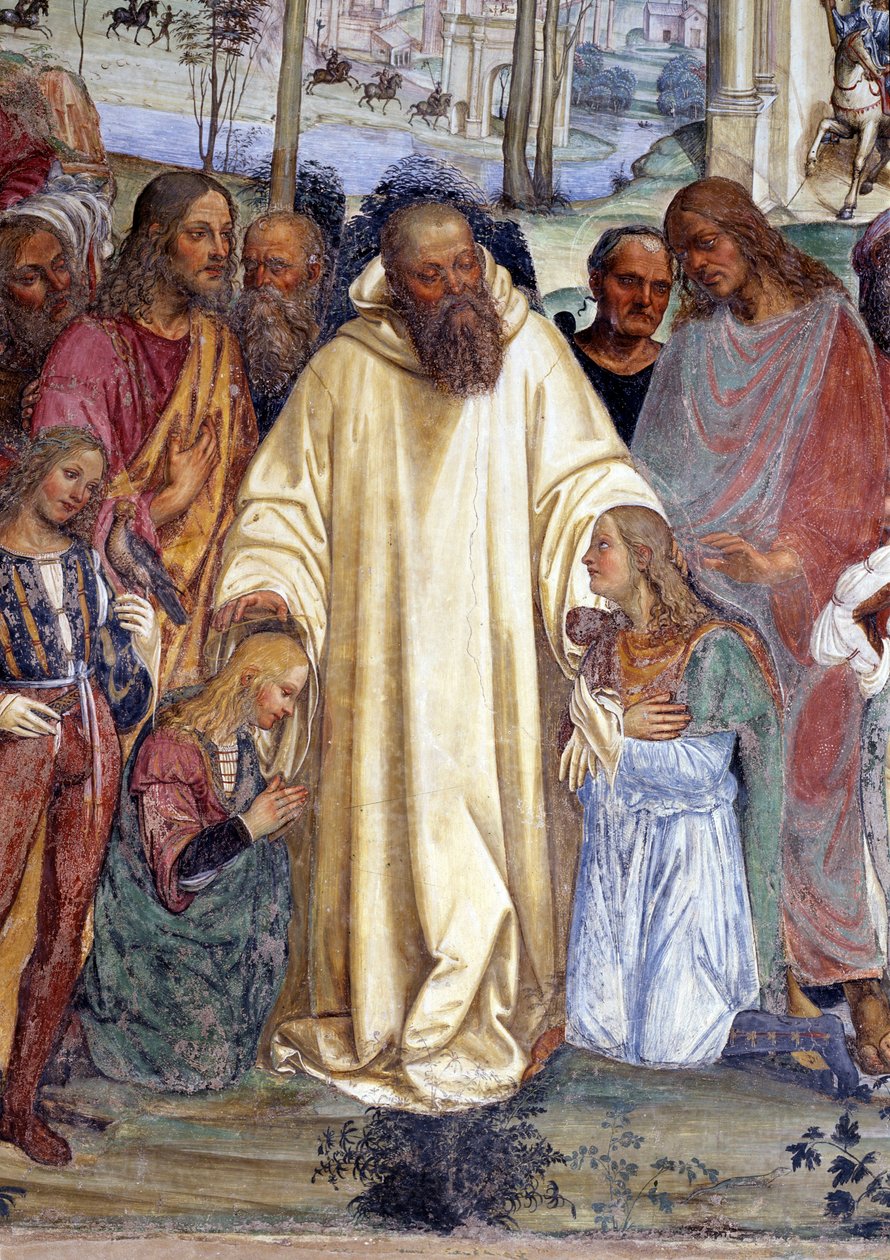 Św Benedykt przyjmuje dwóch młodych Rzymian, Maura i Placyda (św Benedykt spotyka dwie młode powieści, Maura i Placyda) Szczegółowy fresk garderoby wykonany przez Antonio Bazzi dit il Sodoma (1477 - 1549) opowiadający o życiu św. Benedykta z Nursie (480 -  autorstwa Giovanni Antonio Bazzi Sodoma