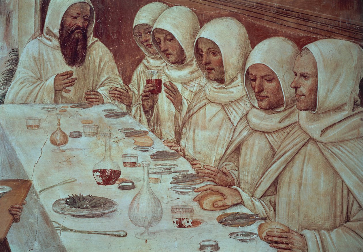 Św. Benedykt, który zdobył dużo mąki i nakarmił mnichów, fragment z Żywotu św. Benedykta autorstwa Giovanni Antonio Bazzi Sodoma