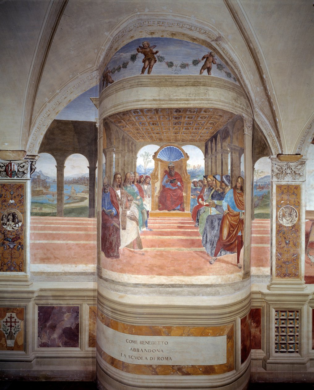 Św. Benedykt opuszcza szkołę rzymską fresk klasztoru wykonany przez Antonio Bazzi dit il Sodoma (1477 - 1549) opowiadający o życiu św. Benedykta z Nursji (480 - 567) założyciela Zakonu Benedyktynów 1503 - 1508 Opactwo Monte Oliveto Maggiore , autorstwa Giovanni Antonio Bazzi Sodoma