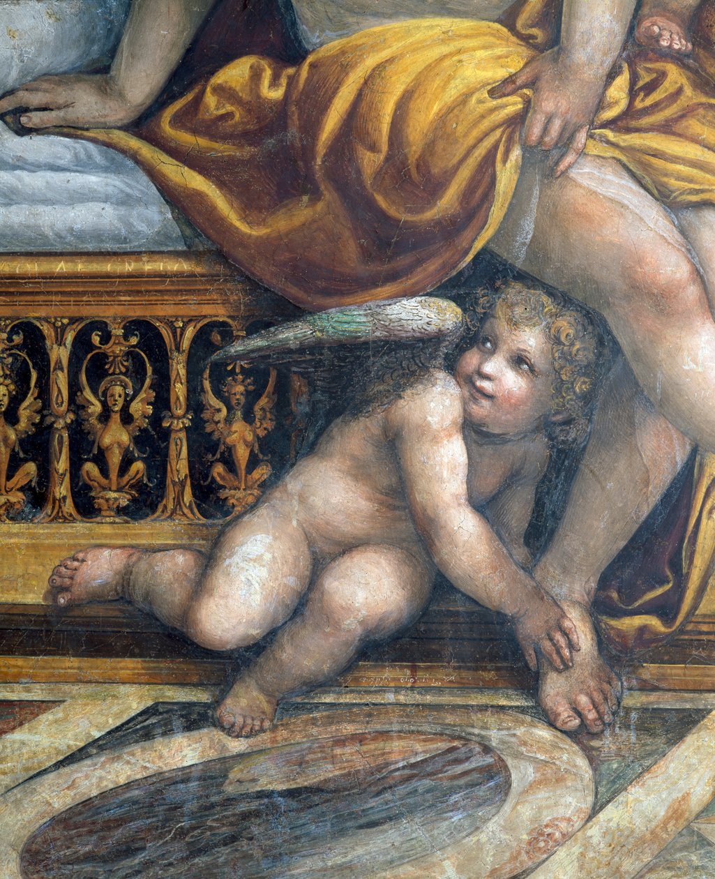 Sala delle Nozze di Alessandro e Rossana Sala ślubu Aleksandra Wielkiego 356-323 pne i detal Roxanne przedstawiający putto ukryte za stopami Roxannes, fragment fresku ok. 1513 z 107228 autorstwa Giovanni Antonio Bazzi Sodoma
