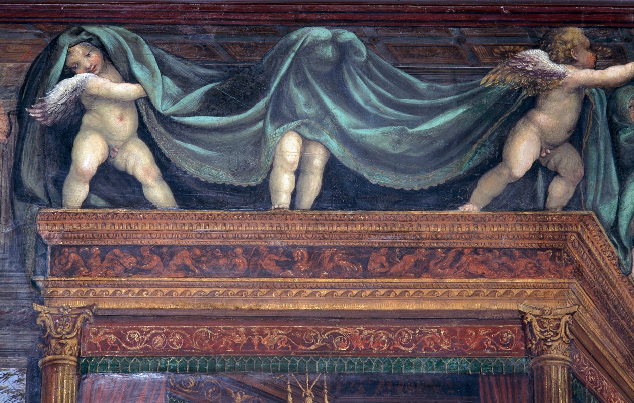 Sala delle Nozze di Alessandro e Rossana Sala ślubu Aleksandra Wielkiego 356-323 pne i Roxanne szczegół przedstawiający putta grające pod baldachimem łóżka, ok. 1513 fragment fresku z 107228 autorstwa Giovanni Antonio Bazzi Sodoma