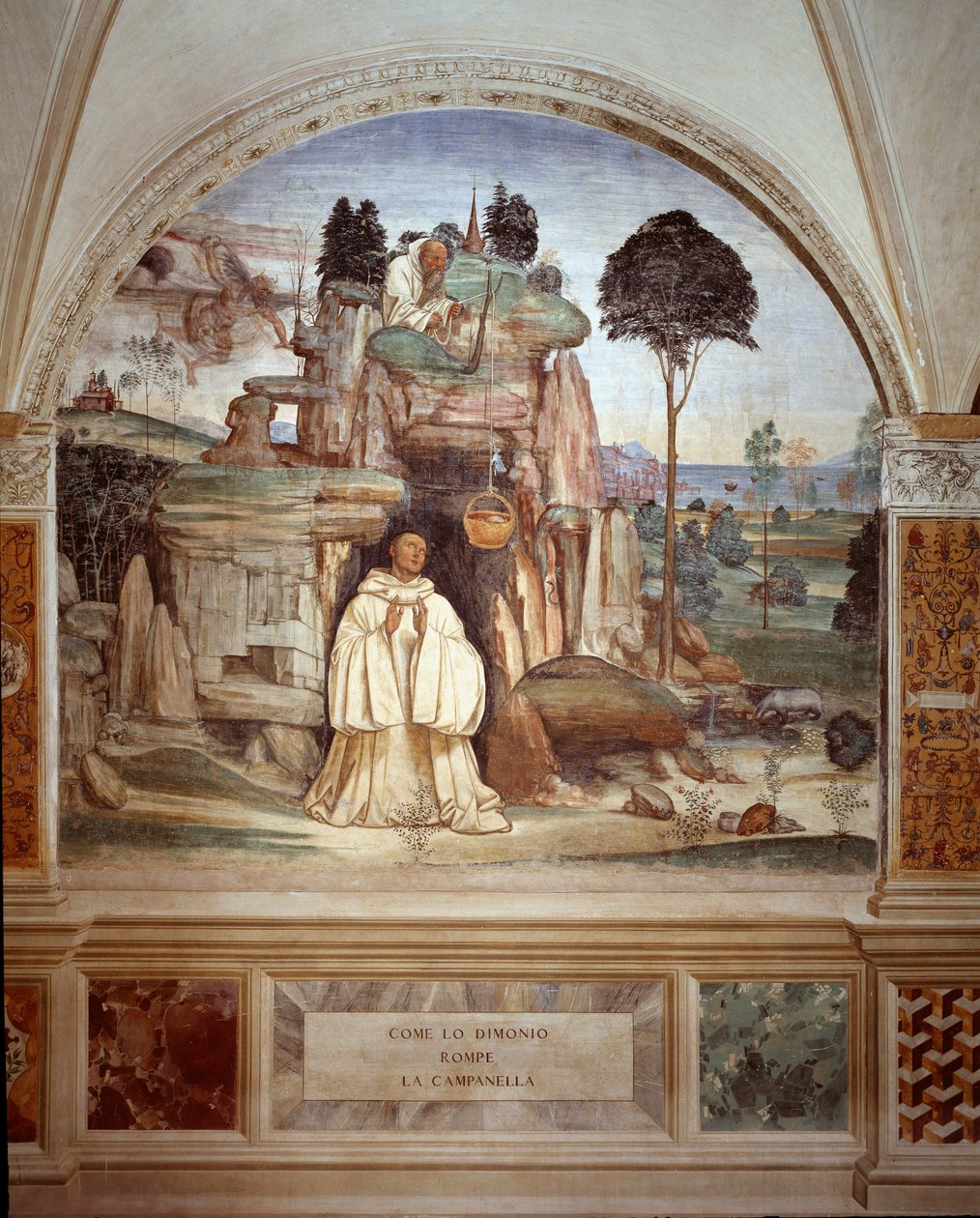 Demon łamie dzwon - Demon łamie dzwonowy fresk klasztoru wykonany przez Antonio Bazzi dit il Sodoma (1477 - 1549) opowiadający o życiu św. Benedykta z Nursji (480 - 567) założyciela zakonu benedyktynów 1503 - 1508 Opactwo Monte Olivet autorstwa Giovanni Antonio Bazzi Sodoma