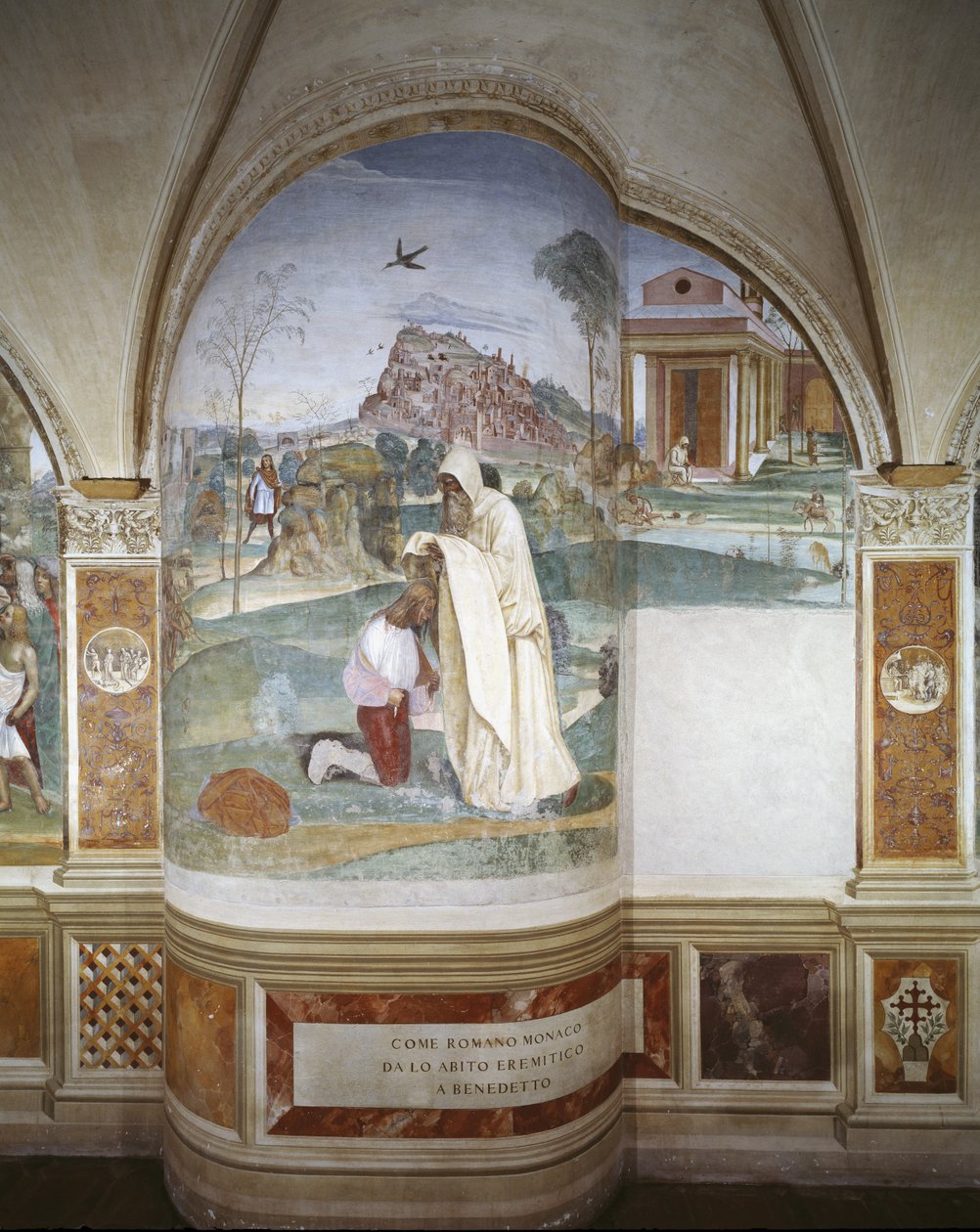 Mnich Romano nadaje Benedyktowi habit pustelnika autorstwa Giovanni Antonio Bazzi Sodoma