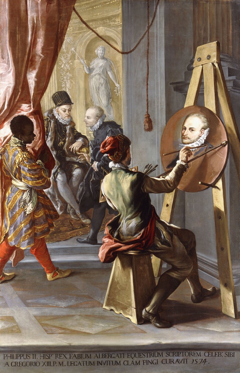Fabio Albergati przyjęty przez Filipa II z Hiszpanii, podczas gdy artysta potajemnie wykonuje swój portret na rozkazach króla autorstwa Giovanni Antonio Burrini or Burino