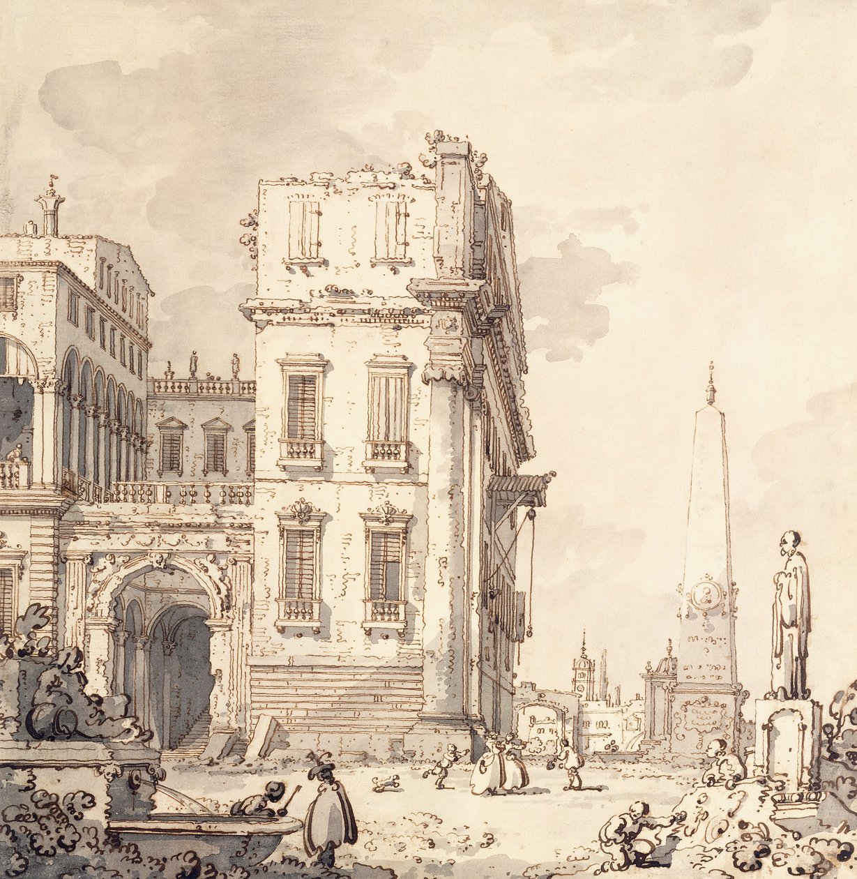 Kaprys weneckiego pałacu Z widokiem na plac z obeliskiem, autorstwa Giovanni Antonio Canal