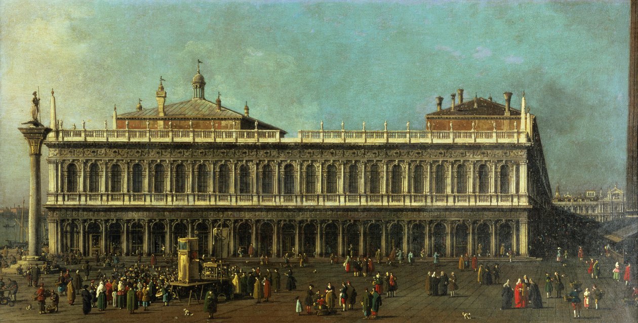 Biblioteka i Piazzetta, Wenecja, Patrząc na Zachód z licznymi postaciami i przedstawieniem kukiełkowym, ok. 1740 autorstwa Giovanni Antonio Canal