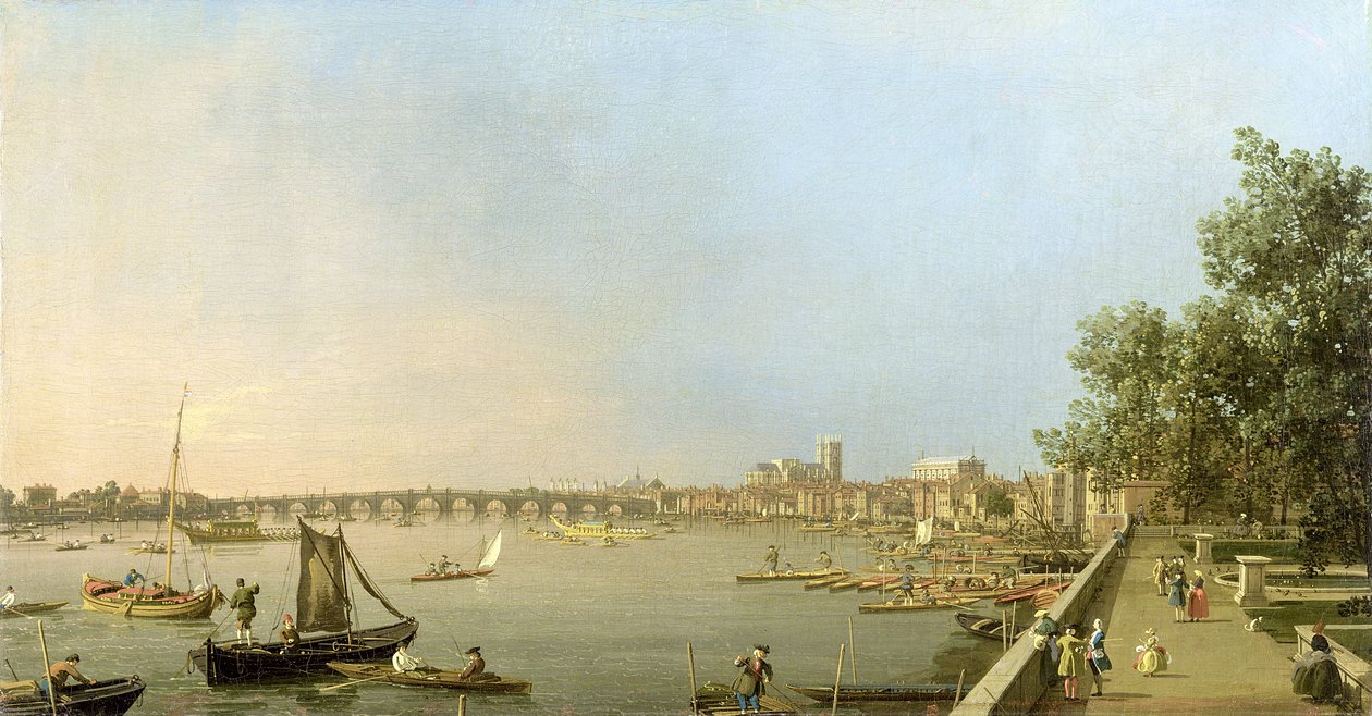 Tamiza z tarasu Somerset House, patrząc w górę rzeki w kierunku Westminster i Whitehall, ok. 1750 autorstwa Giovanni Antonio Canal