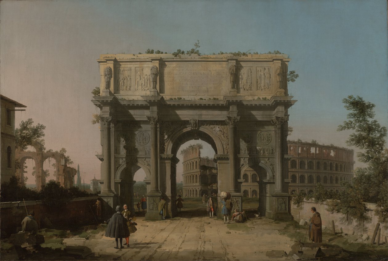 Widok Łuku Konstantyna z Koloseum, 1742-5 autorstwa Giovanni Antonio Canal