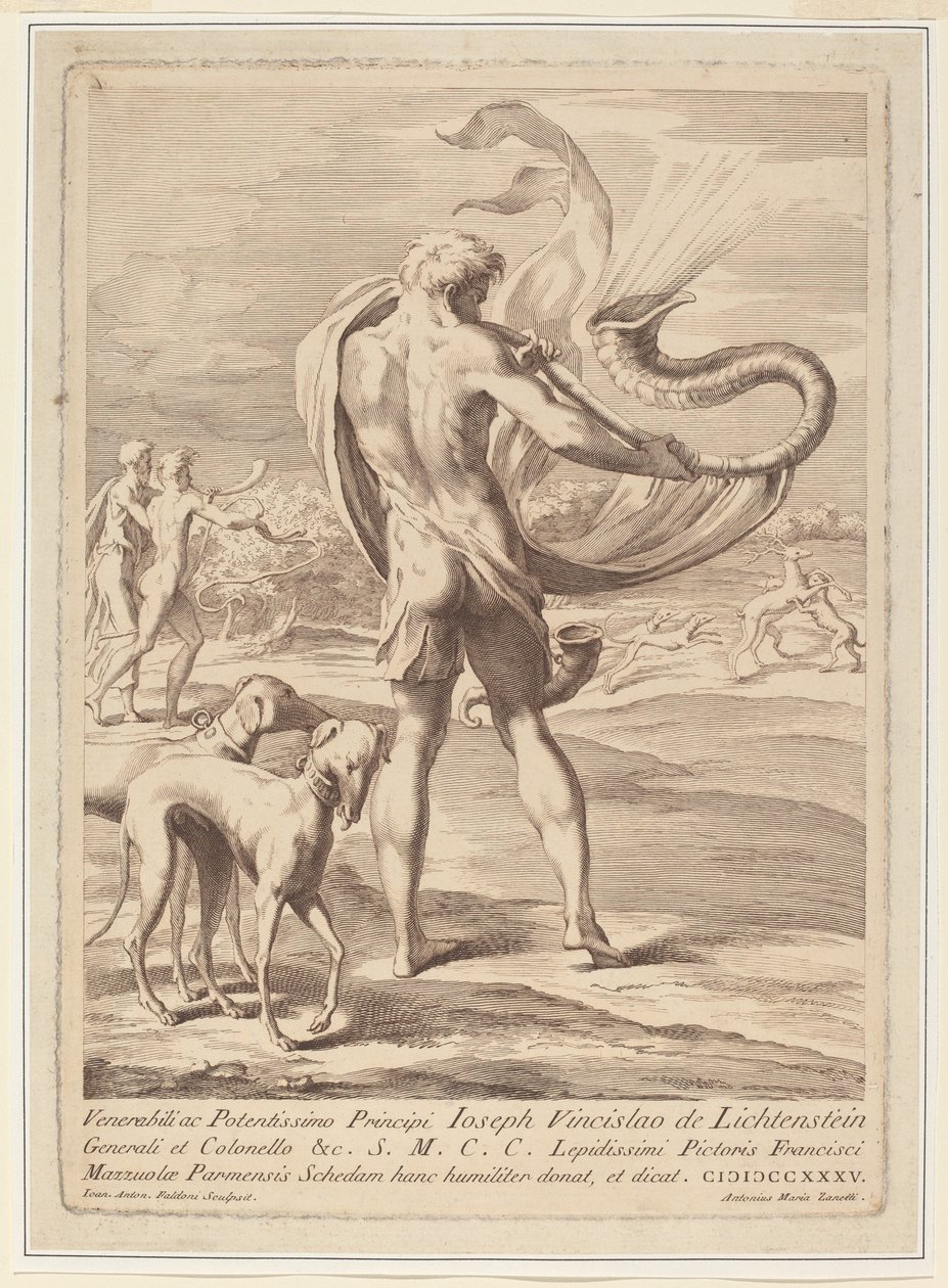 Nagi mężczyzna dmuchający w muszlę autorstwa Giovanni Antonio Faldoni after Parmigianino