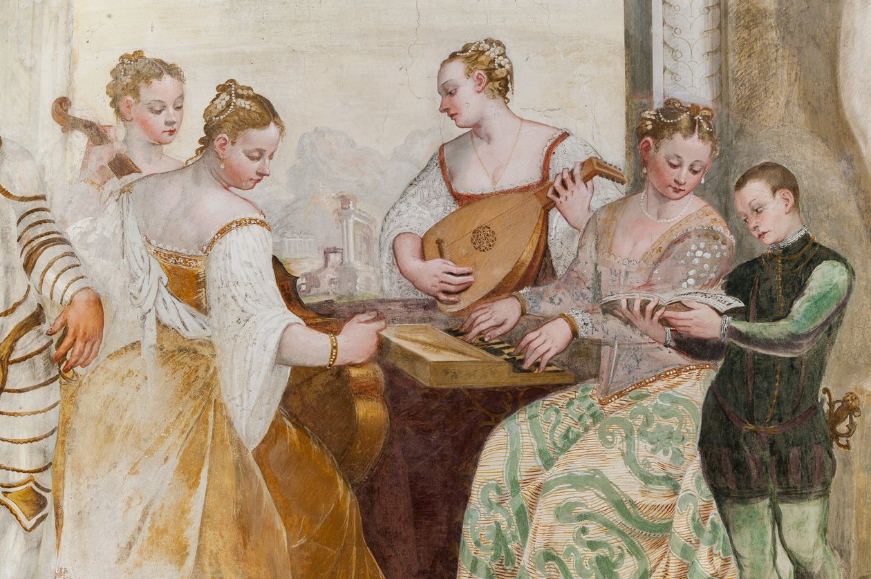 Chłopiec i damy dworskie, fragment Koncertu, Sala Główna, ok. 1570 (fresk) autorstwa Giovanni Antonio Fasolo