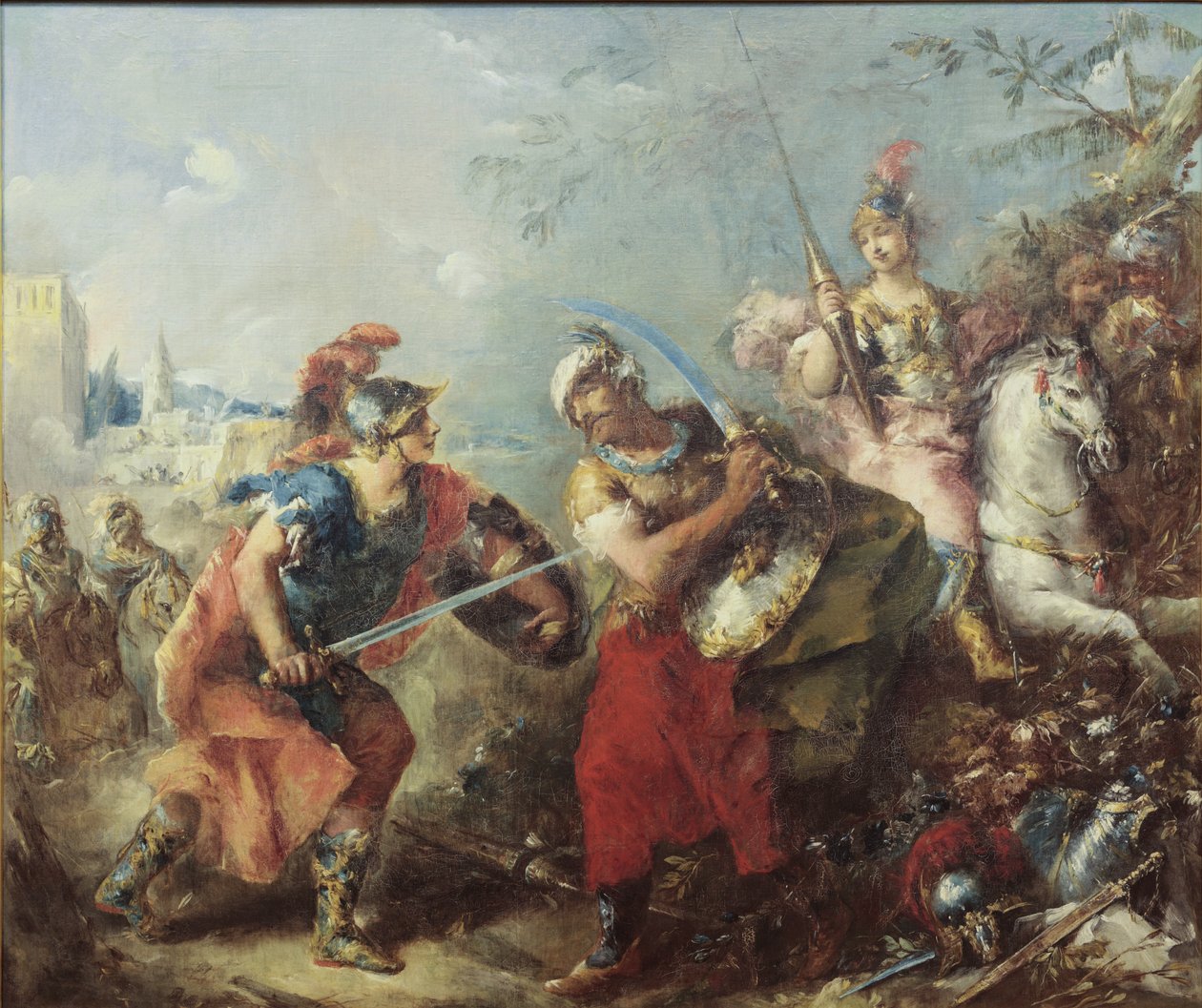 Walka Tankreda i Argante z Clorindą w tle autorstwa Giovanni Antonio Guardi