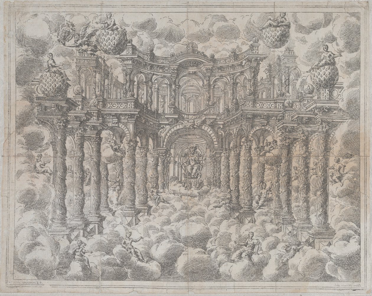 Płyta 2 [przeciwdowód]: Zestaw sceniczny z alegorycznymi postaciami siedzącymi wśród chmur, z..., 1690. autorstwa Giovanni Antonio Lorenzini
