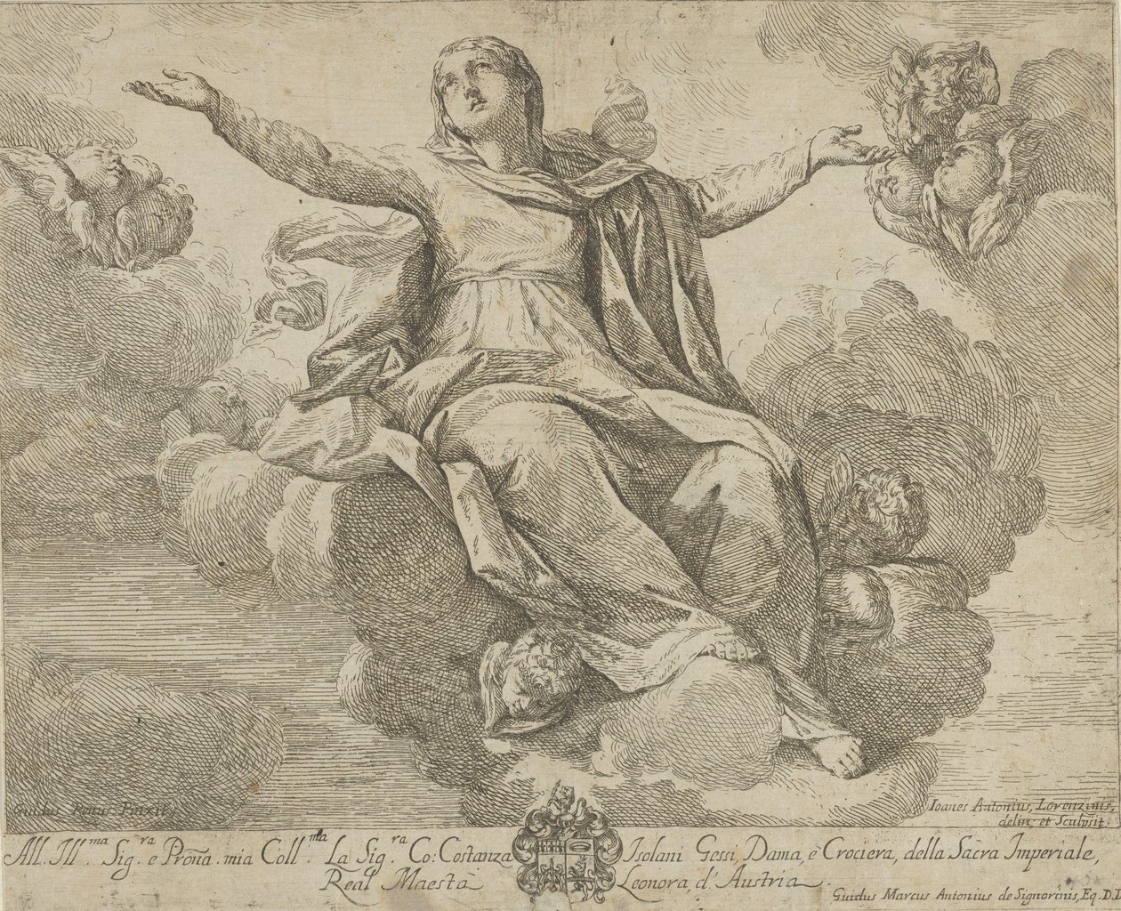 Wniebowzięcie Najświętszej Marii Panny siedzącej w obłokach z rozpostartymi ramionami, ang..., 1685-1720. autorstwa Giovanni Antonio Lorenzini
