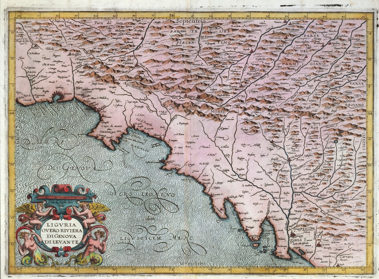 Mapa regionu Ligurii Wschodniej, Giovanni Antonio Magini, Bolonia, miedzioryt autorstwa Giovanni Antonio Magini