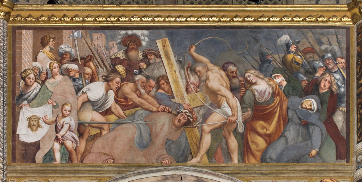 Central Aave, Drugie Przęsło Południowe, Jezus upada pod Krzyżem, Il Pordenone autorstwa Giovanni Antonio Pordenone