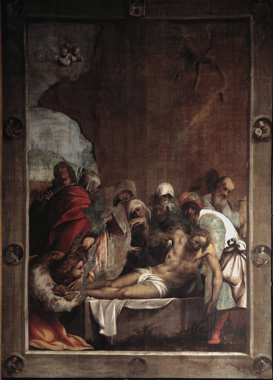 La deposition du christ (osadzanie Chrystusa) Obraz Giovanniego Antonio de Sacchis zwany il Pordenone (1484-1539) 1529-1530 Sun 391x291 cm Cortemaggiore (Piacenza), Chiesa dell Annunziata Włochy autorstwa Giovanni Antonio Pordenone