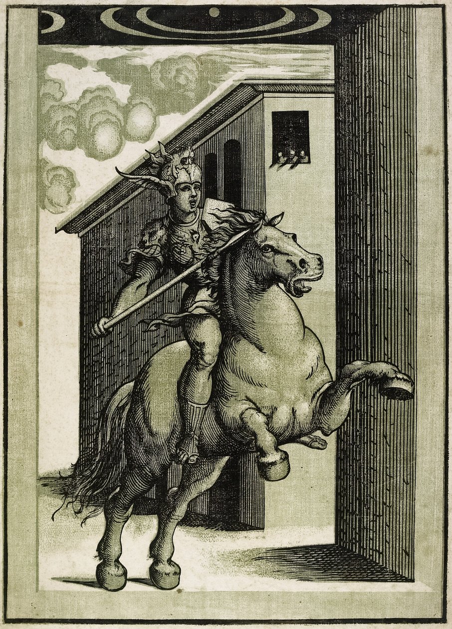 Marcus Curtius, ok. 1540 (drzewo światłocieniowy z 3 bloków) autorstwa Giovanni Antonio Pordenone