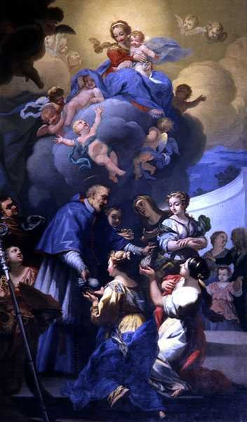 Św. Mikołaj rozdaje swoje trzy worki złota, ok. 1705 (olej na płótnie) autorstwa Giovanni Antonio Pucci
