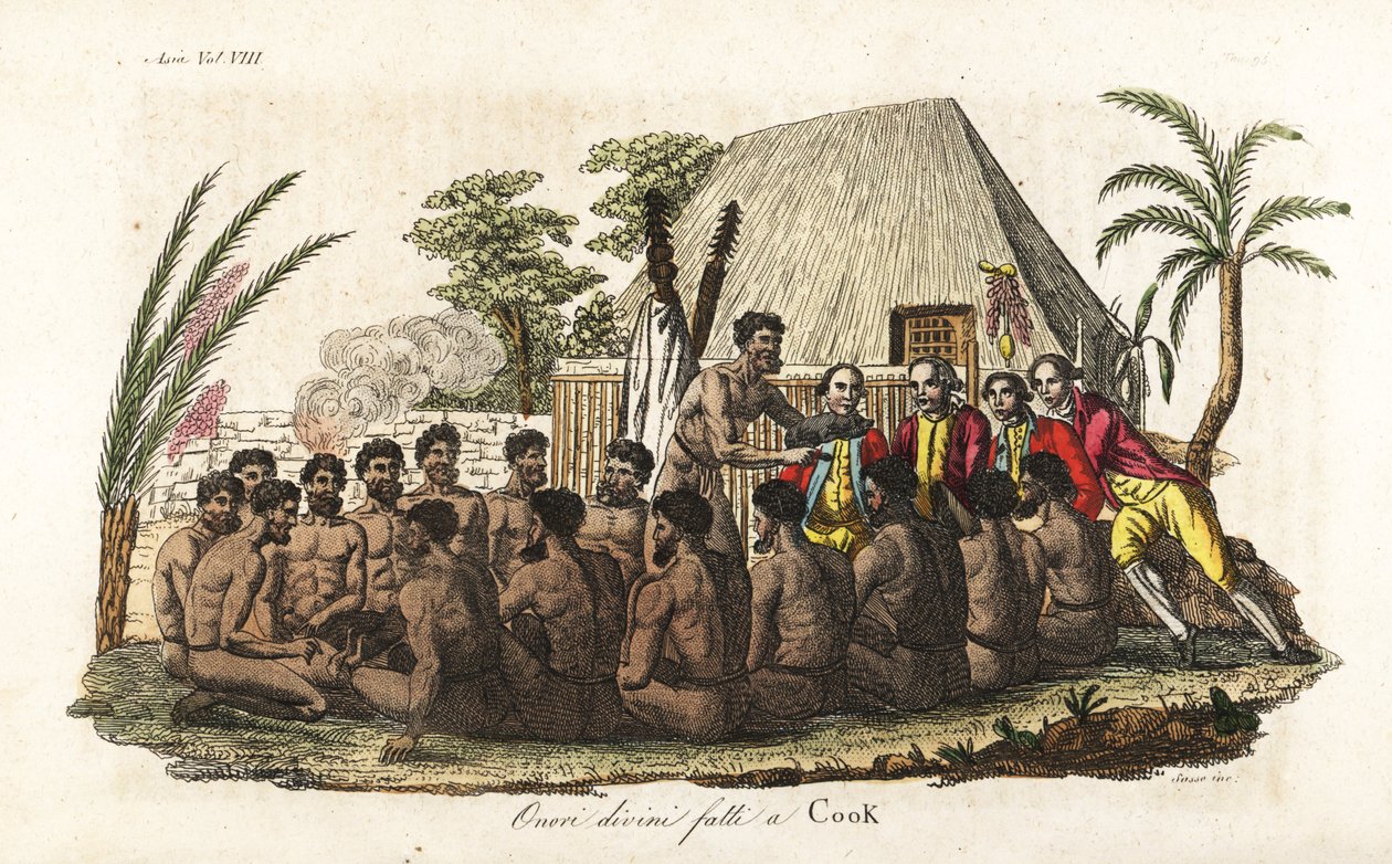 Os nativos havaianos oferecem um porco de sacrifício ao capitão James Cook diante de 12 sacerdotes e um ídolo de madeira na casa sagrada de Orono. Placa de cobre colorida à mão gravada por Sasso após John Webber de Giulio Ferrario