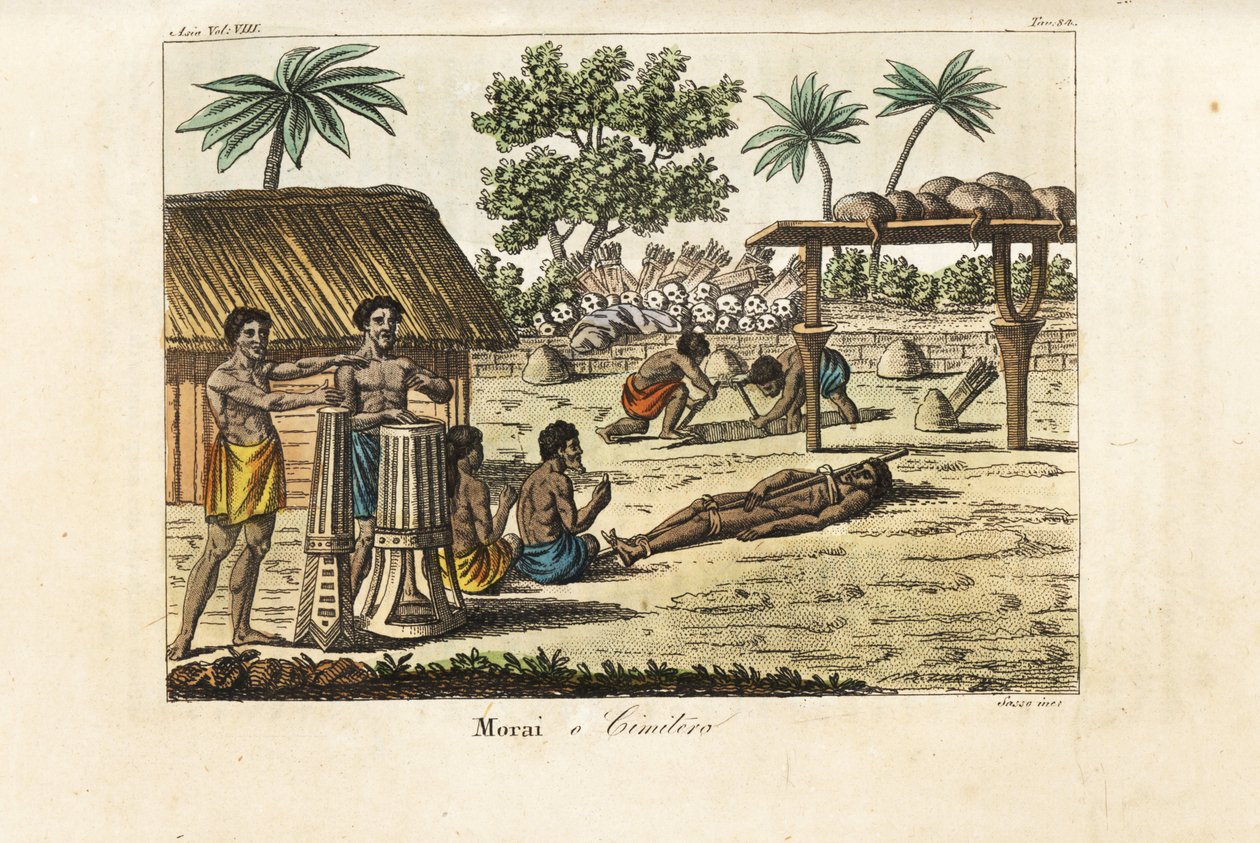Ofiara z ludzi na świętej marae (Morai) lub cmentarzu na Tahiti. Perkusiści po lewej, uwiązana ofiara i dwóch grabarzy kopiących grób przed stosem ludzkich czaszek i kołczanów ze strzałami. Ręcznie kolorowany miedzioryt grawerowany przez Sasso według Johna autorstwa Giovanni Antonio Sasso