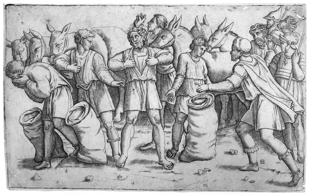 Kielich Józefa znaleziony w worku Beniamina z biblijnego opowiadania o Józefie Rodzaju 44..., ca. 1520-25. autorstwa Giovanni Antonio da Brescia