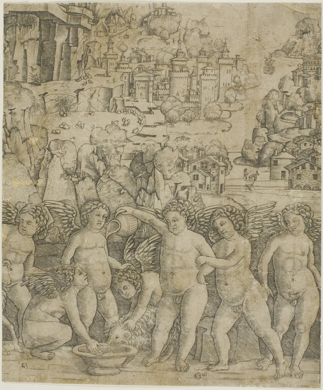 Siedem amorków z dwoma baranami w krajobrazie autorstwa Giovanni Antonio da Brescia