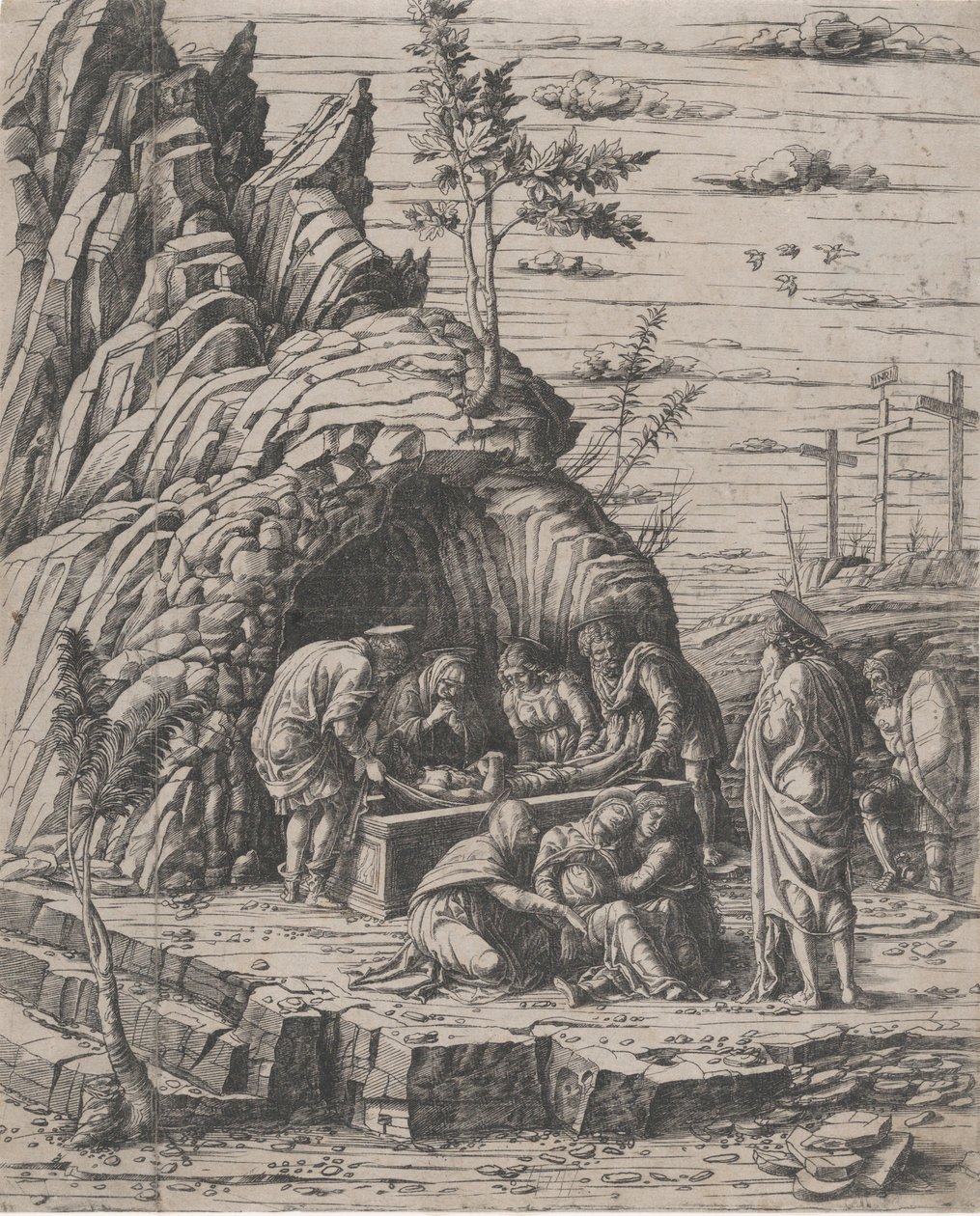 Złożenie do grobu Chrystusa złożonego przez dwóch mężczyzn do kamiennego grobu przed..., ok. godz. 1470-1500. autorstwa Giovanni Antonio da Brescia