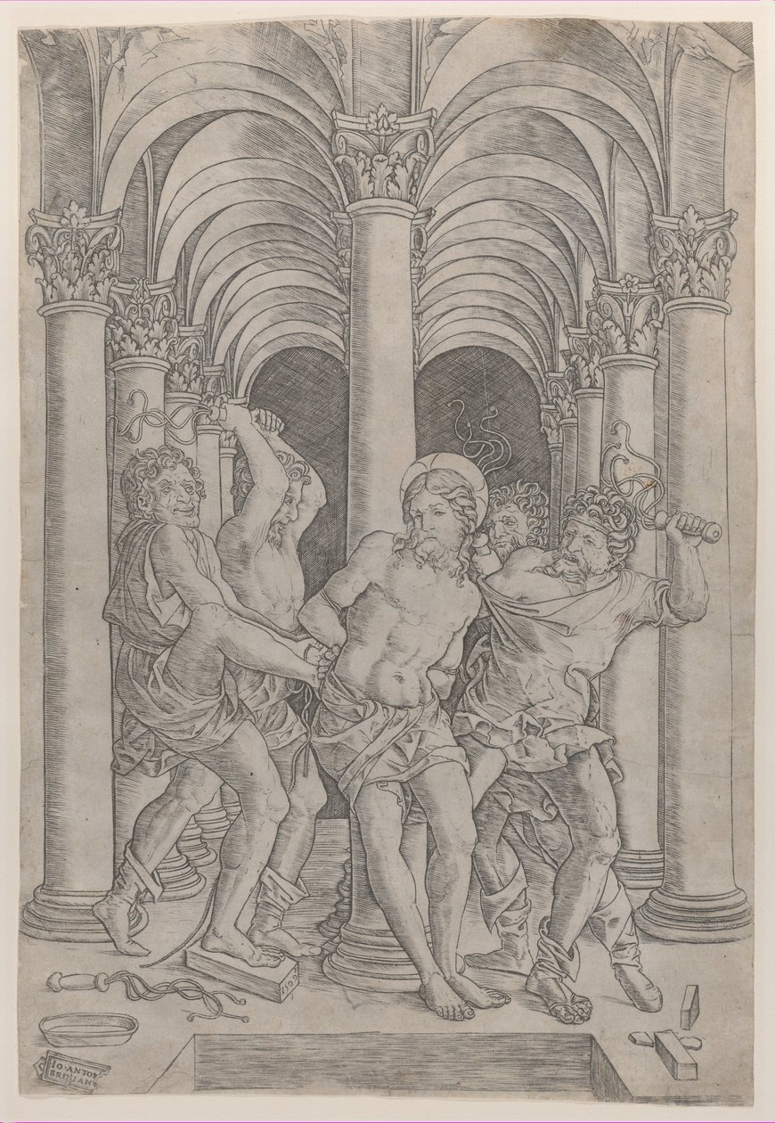 Biczowanie Chrystusa przywiązanego do kolumny pośrodku ustawionej w arkadzie, 1509., 1509. autorstwa Giovanni Antonio da Brescia