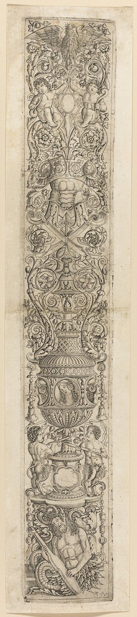 Tryton i dwa małe satyry, płytka czwarta z kolekcji Twelve Ornament Panels autorstwa Giovanni Antonio da Brescia