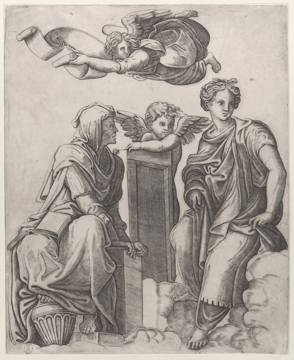 Dwie kobiece postacie siedzące w chmurach po bokach anioła i jedna przelatująca nad ..., ca. 1510-25. autorstwa Giovanni Antonio da Brescia