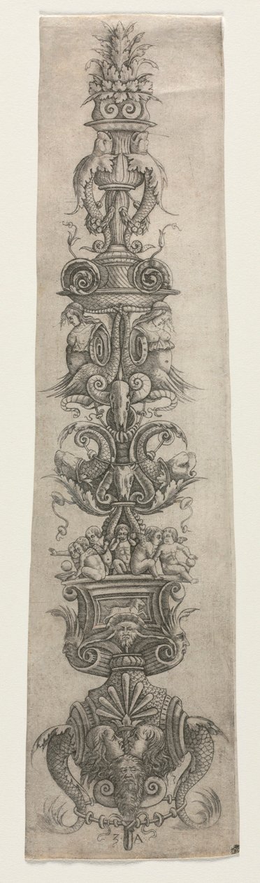 Pionowa arabeska z maskami, kupidynami i nereidami autorstwa Giovanni Antonio da Brescia