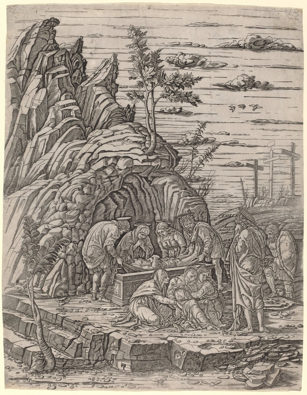 Złożenie do grobu z trzema ptakami autorstwa Giovanni Antonio da Brescia, after Andrea Mantegna