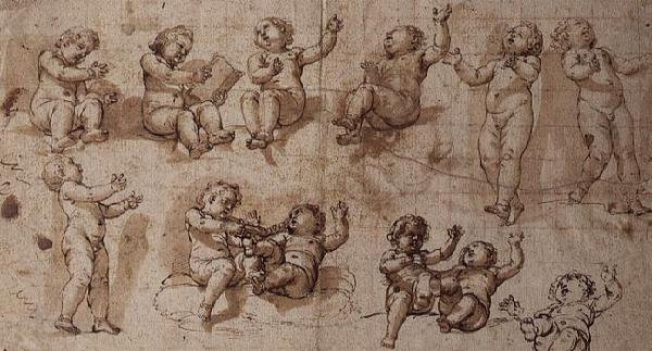 Badania Putti (pióro, tusz, wash i kreda) autorstwa Giovanni Baglione